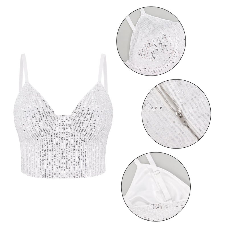 Vimoisa Women Shiny Sequin Vest Tank Top Spaghetti Strap Crop Top Sleeveless Tube Top(White S) - Image 2